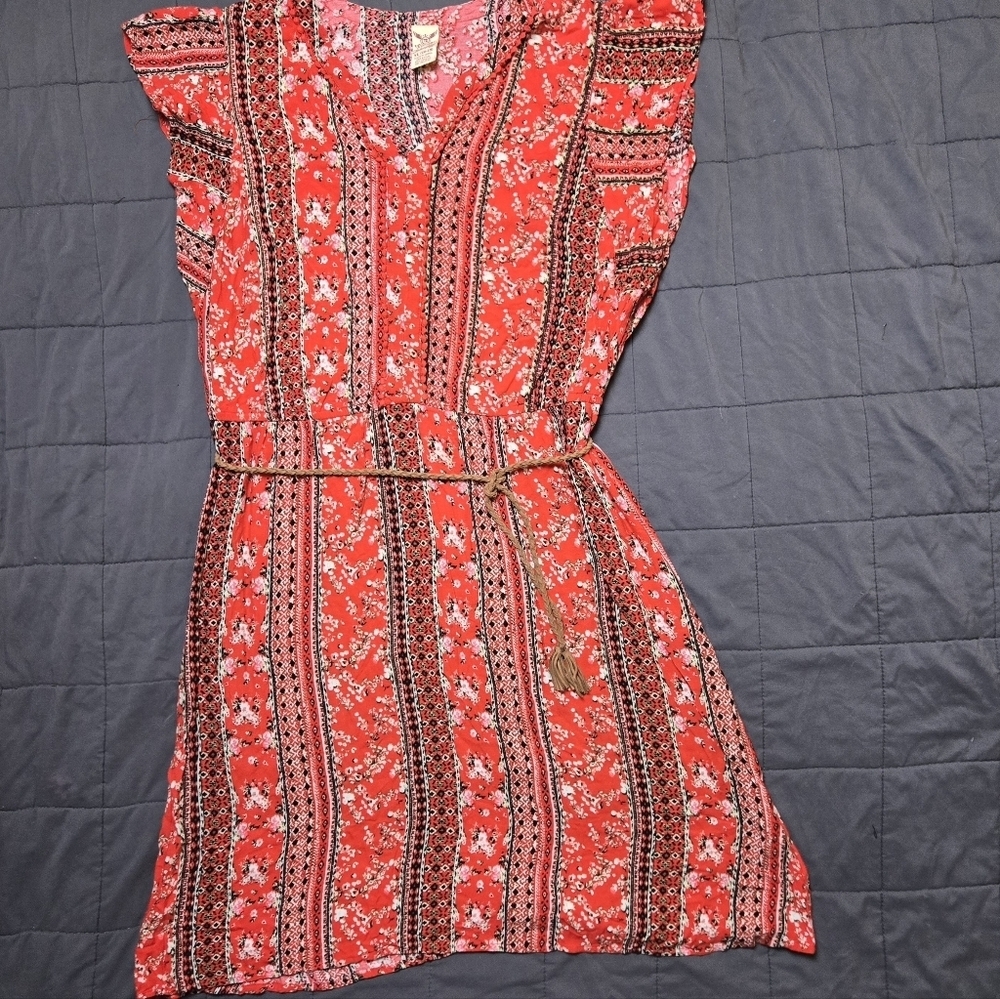 Boho Cottagecore Floral Lightweight Ruffle Sleeve Belted Dress size XL‎